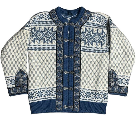 Vtg. Dale Of Norway Cardigan Sweater Sz 44 Large Fair Isle Nordic 100% New Wool - Picture 1 of 12